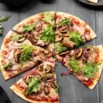 Kale, Red Onion, and Mushroom pizza