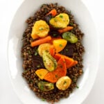 Roasted root vegetables on lentils