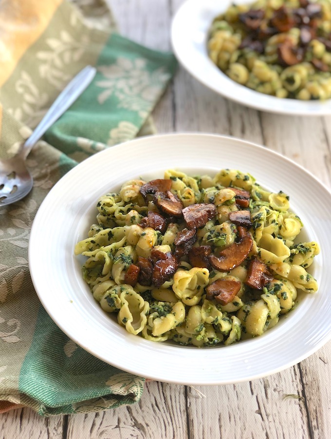 Kale Pesto Pasta with Mushroom “Bacon” - The Vegan Atlas