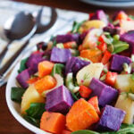 Golden, sweet, and purple potato salad with arugula