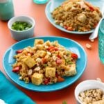 Teriyaki fried rice and tofu with bell peppers and peanuts