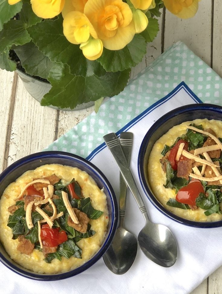Vegan Cheese grits with greens and tempeh bacon
