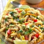 Salsa Pasta Salad with avocado, corn, and peppers