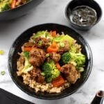 Seitan and broccoli stir-fry in a bowl