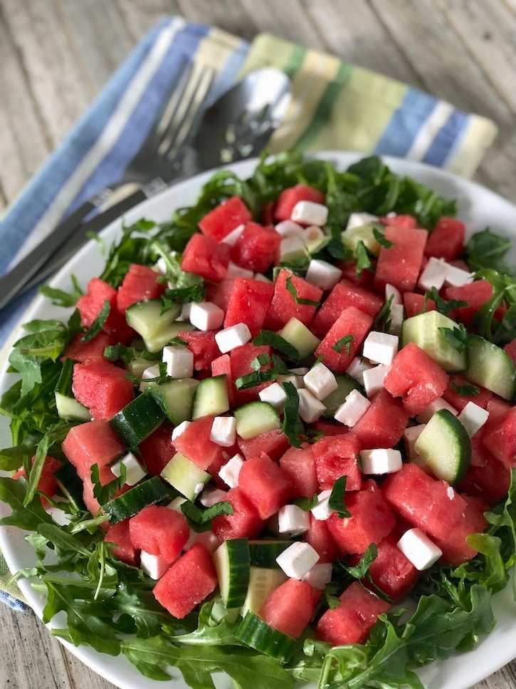 Watermelon and vegan feta salad