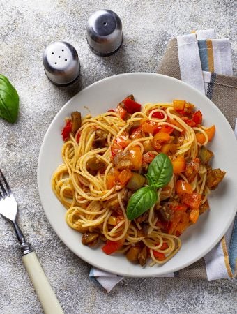 Pasta with Roasted Eggplant and Bell Peppers