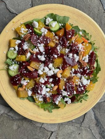 Beet and Feta salad with cucumbers, greens & balsamic vinaigrette