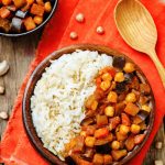 Eggplant and tomato chickpea curry with rice.