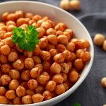 Roasted Spicy Chickpeas In White Bowl. Healthy Food