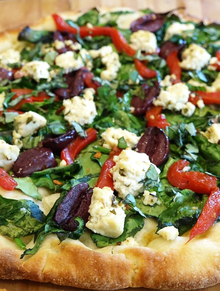 Greekish Pizza (Spinach Olive Pizza with Vegan “Feta”)