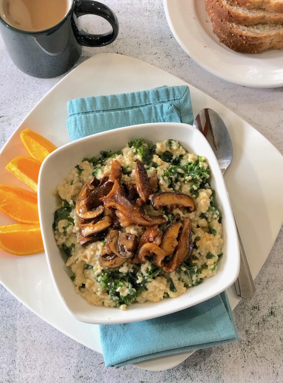 Savory SteelCut Oats with Greens and Vegan Mushroom “Bacon”