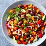 Black lentil salad with peppers and olives