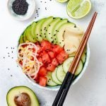 Hawaiian vegan poke bowl with watermelon, avocado, cucumber