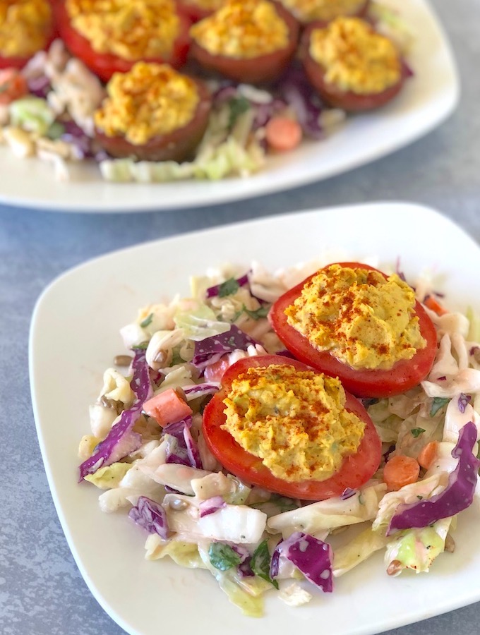 Vegan chickpea deviled tomatoes