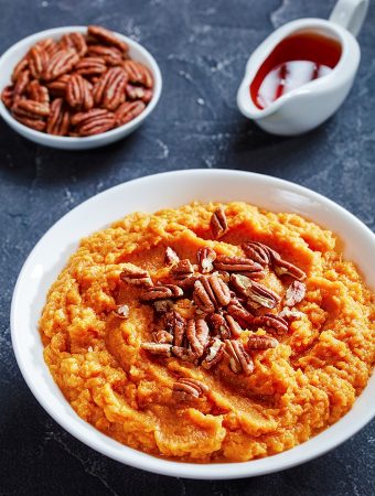 Maple mashed sweet potatoes with pecans