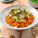 Mashed sweet potatoes with leeks & walnuts