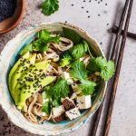 Asian noodle bowls with avocado and baked tofu