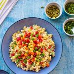 vegan macaroni salad with confetti vegetables