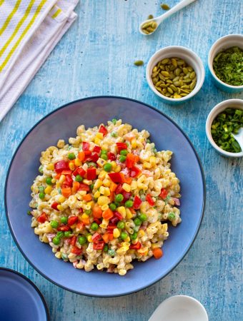 vegan macaroni salad with confetti vegetables