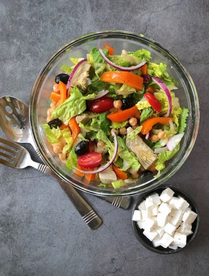 Greek Salad with Artichokes, Chickpeas, and Vegan Feta