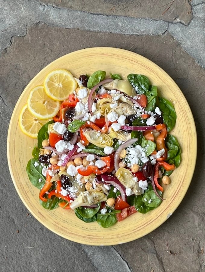 Greek salad with artichokes, olives & vegan feta