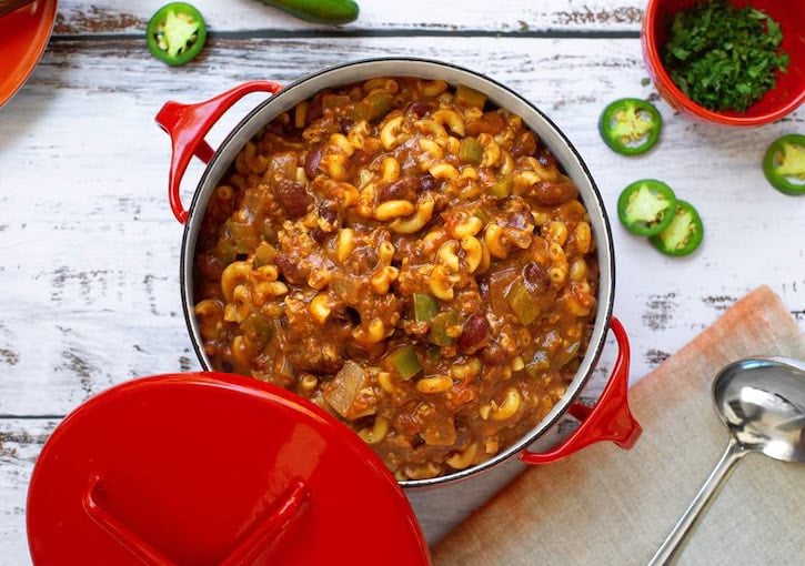 Vegan Chili Mac made with plant-based ground