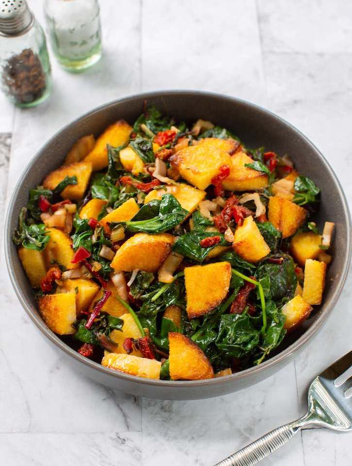 Spinach and Chard with Pan-Sautéed Polenta