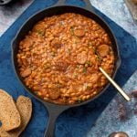 Skillet baked beans with vegan sausage
