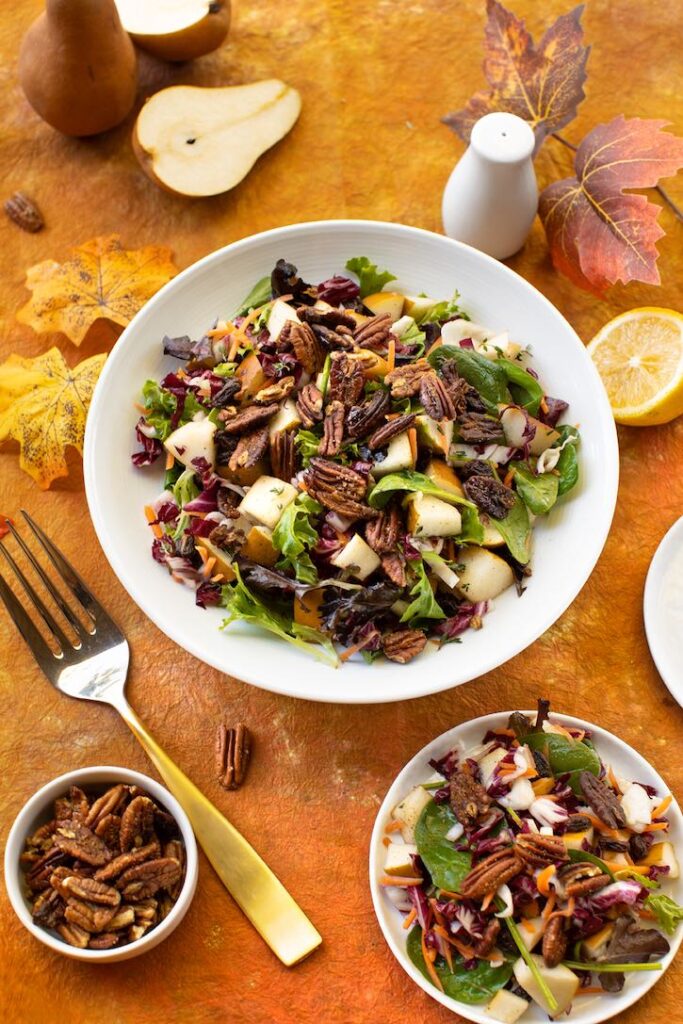 Mixed Greens and Pear Salad with Maple Glazed Pecans