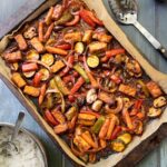 BBQ Roasted tempeh and vegetables in the pan