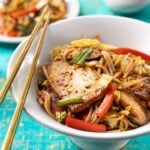 Noodles with shiitake mushrooms, napa cabbage, and tofu