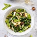 Stir-fried bok choy and shiitake mushrooms with snow peas