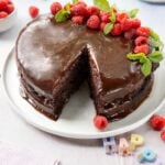 Chocolate vegan birthday cake cut