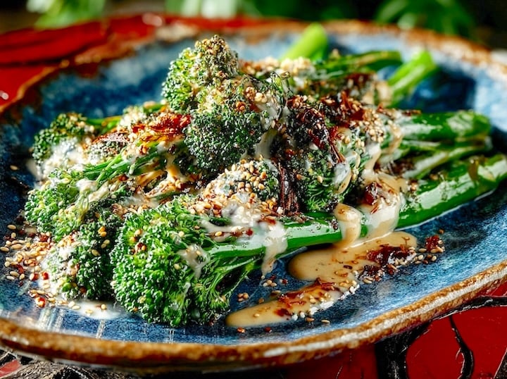 Broccolini in tahini sauce with chili crisp