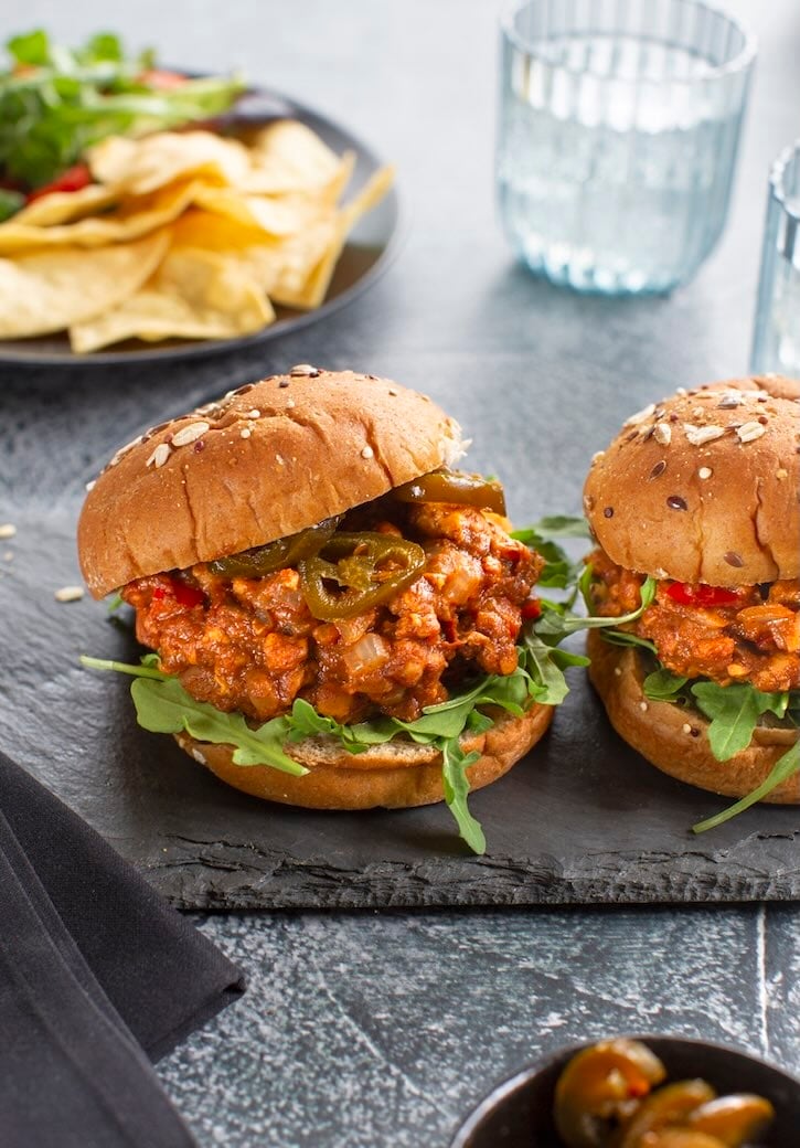Tempeh sloppy joes served with greens 