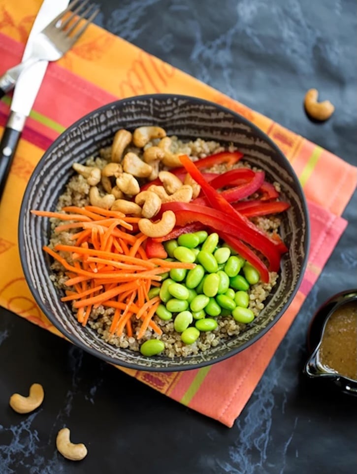 Quinoa protein bowl with edamame and cashews