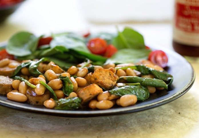 Quick BBQ White Beans with Vegan Sausage & Spinach